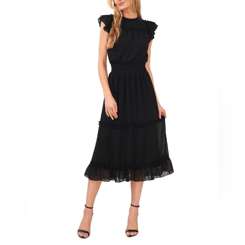 Cece Black Clip Dot Flutter Sleeve Smocked Waist Midi Dress size M NWT